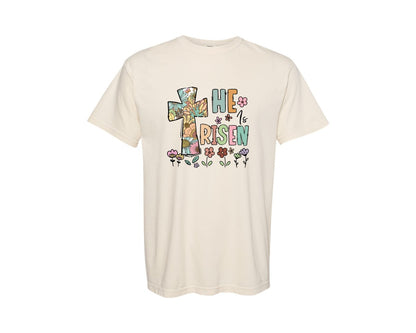 brand:Comfort Colors|color:Ivory|He Is Risen Easter Christian Faith Cross Graphic T-Shirt