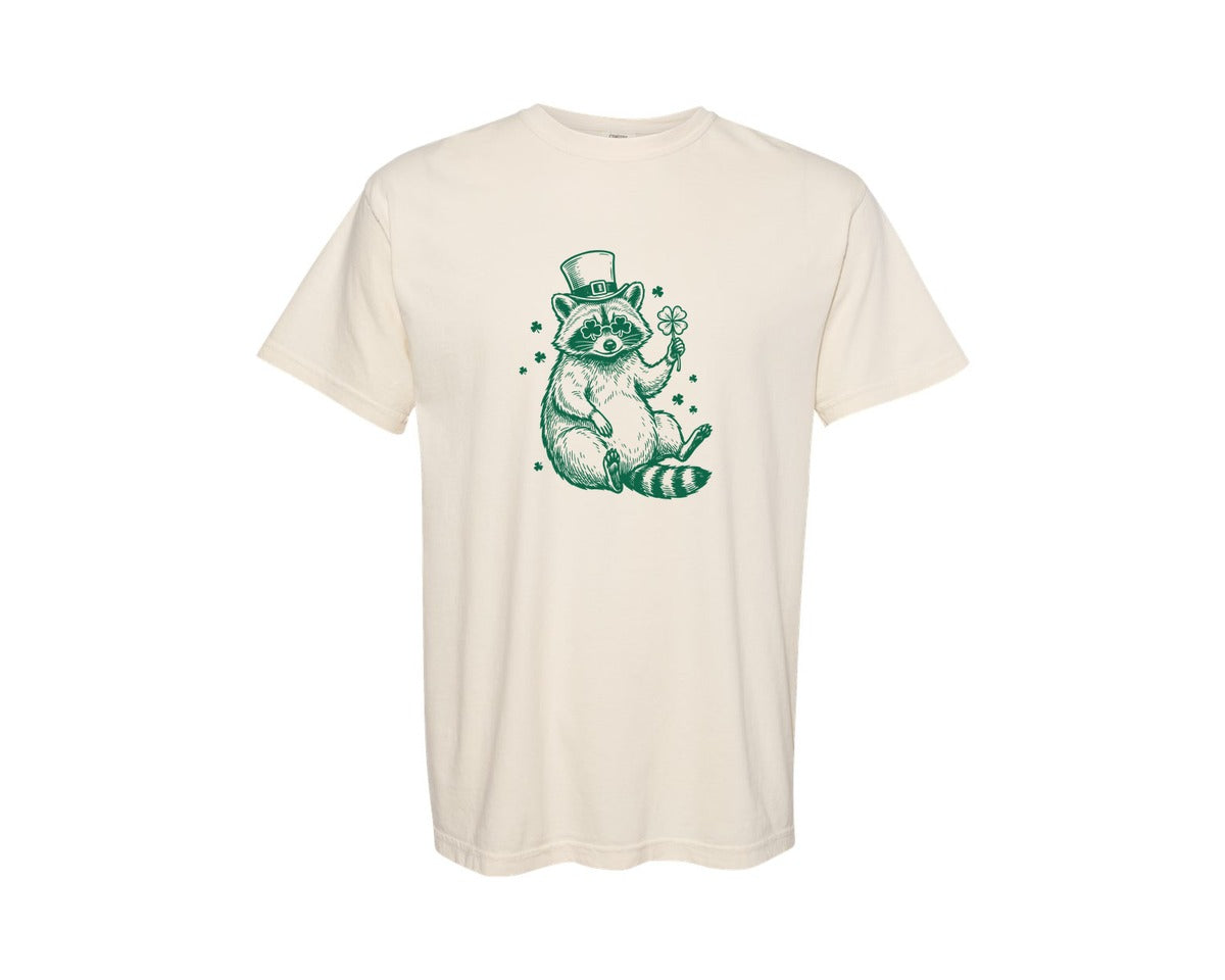 brand:Comfort Colors|color:Ivory|St Patricks Day Raccoon Shamrock 2 Graphic T-Shirt
