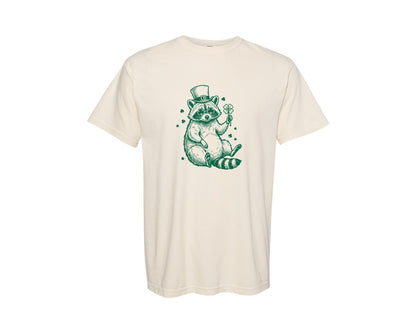 brand:Comfort Colors|color:Ivory|St Patricks Day Raccoon Shamrock 2 Graphic T-Shirt