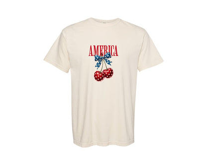brand:Comfort Colors|color:Ivory|4Th Of July America Cherry Coquette Bow 2 Graphic T-Shirt