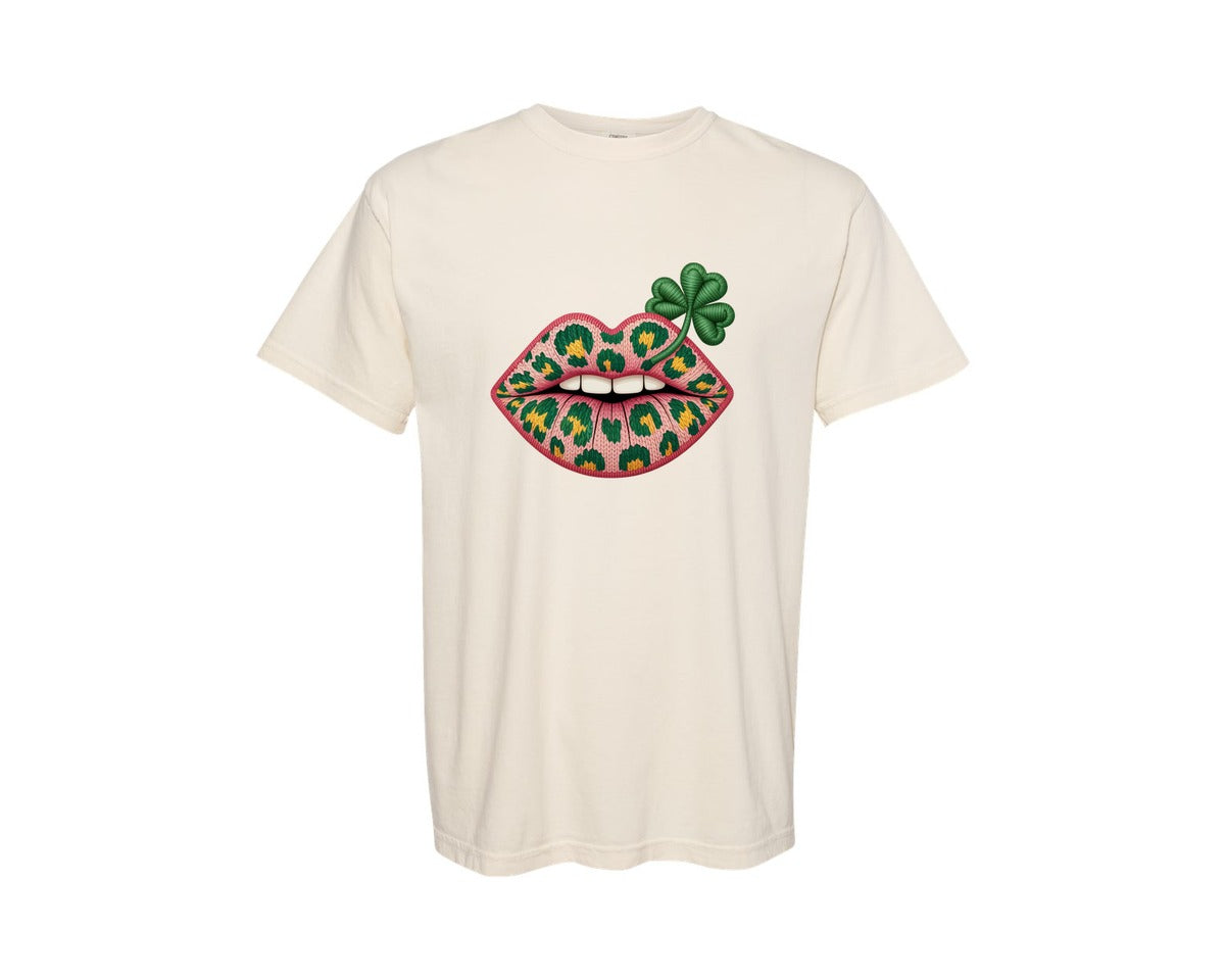 brand:Comfort Colors|color:Ivory|Crochet Shamrock Leopard Lips Kiss Graphic T-Shirt