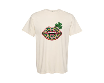 brand:Comfort Colors|color:Ivory|Crochet Shamrock Leopard Lips Kiss Graphic T-Shirt