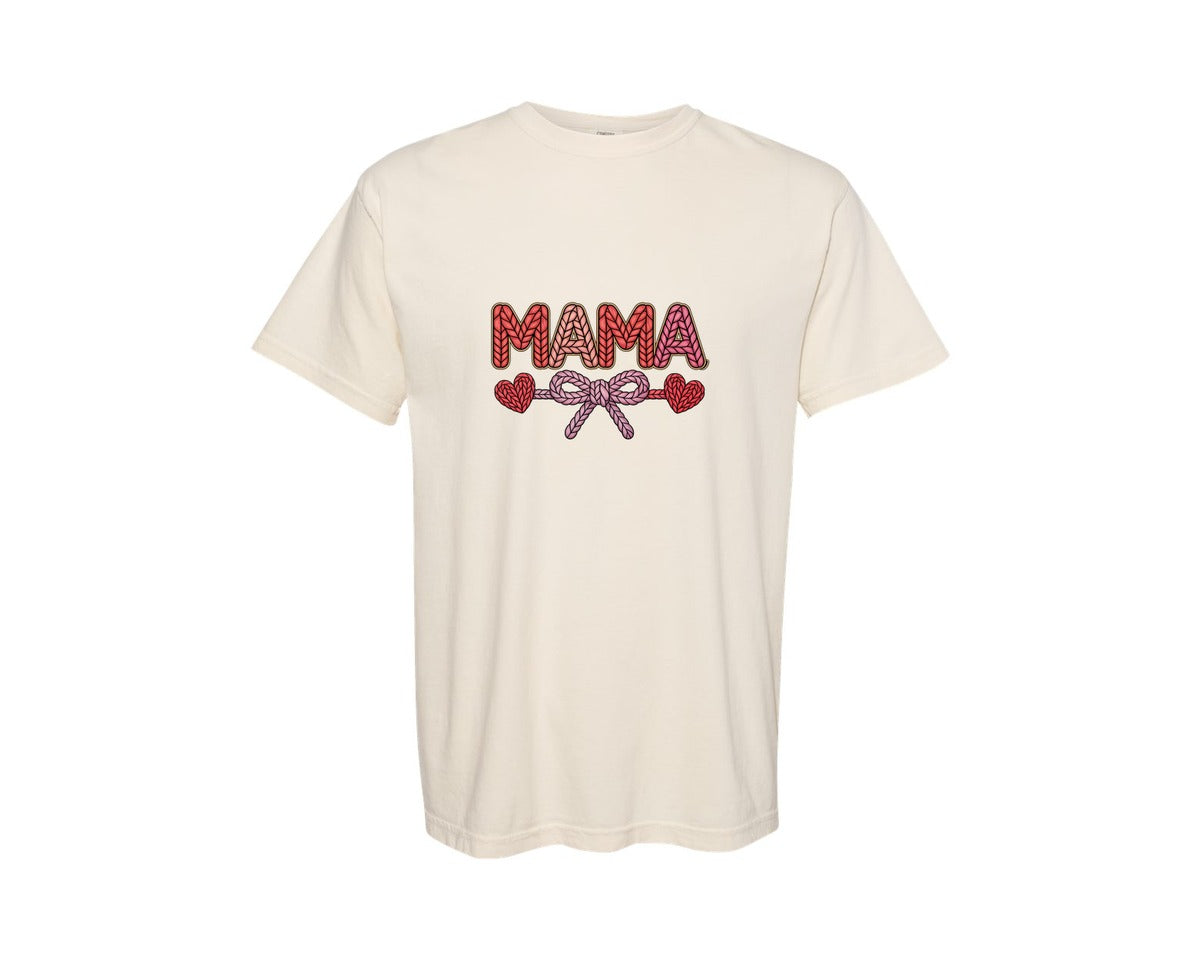 brand:Comfort Colors|color:Ivory|Faux Yarn Mama With Bow Mama Graphic T-Shirt