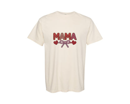 brand:Comfort Colors|color:Ivory|Faux Yarn Mama With Bow Mama Graphic T-Shirt