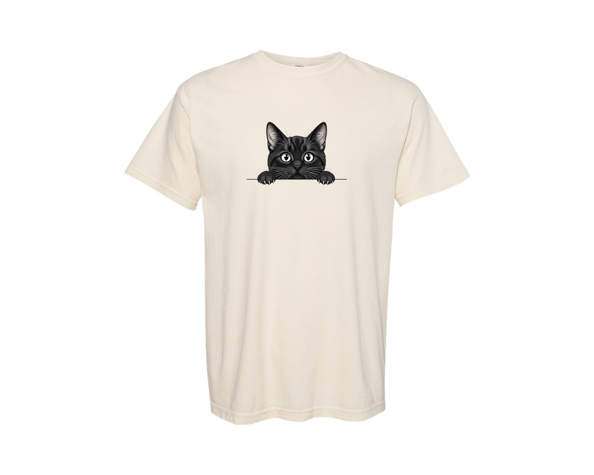 brand:Comfort Colors|color:Ivory|Black Cat Peeking Cartoon Graphic T-Shirt