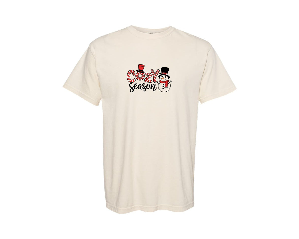 brand:Comfort Colors|color:Ivory|Red Cozy Season Snowman Graphic T-Shirt