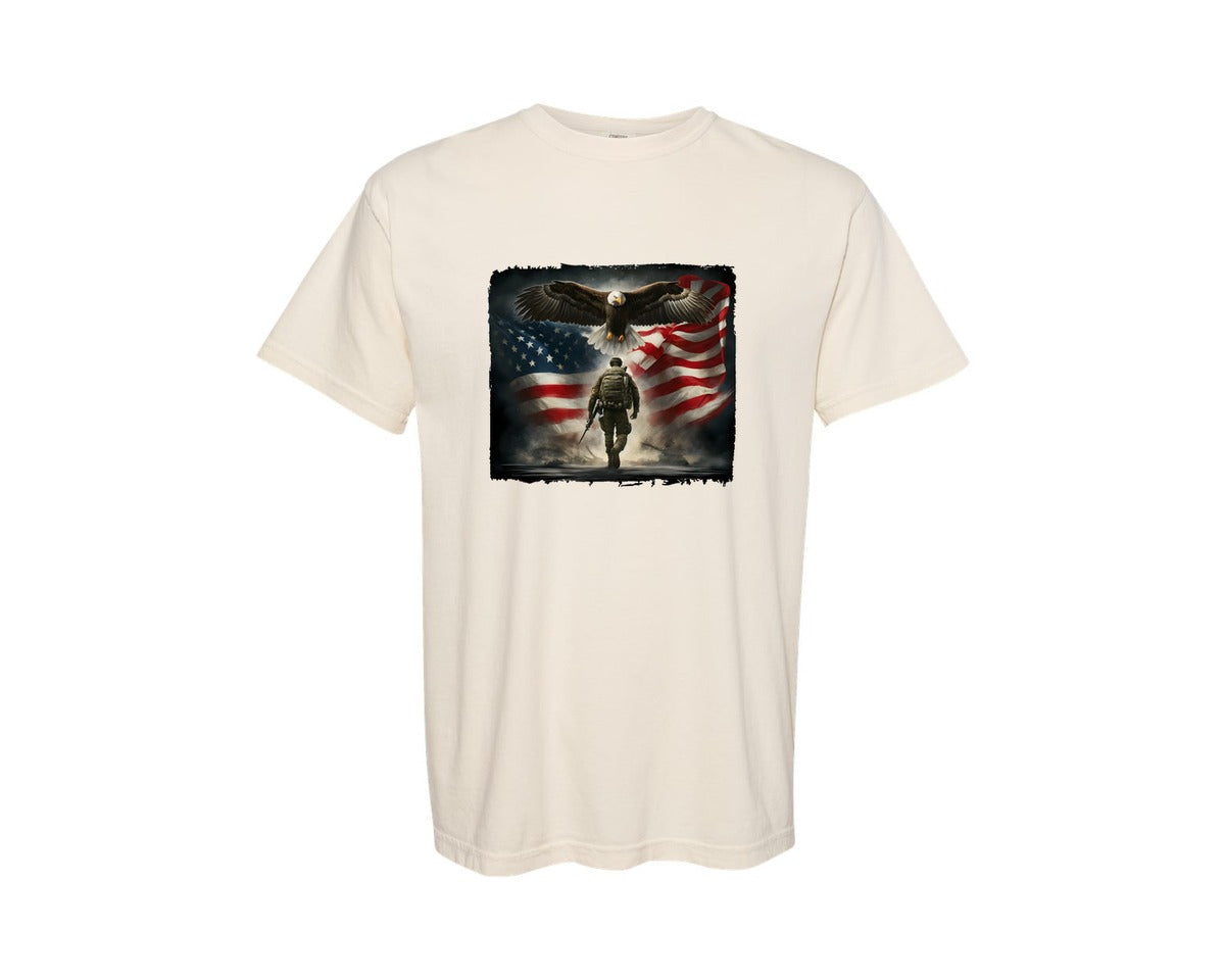 brand:Comfort Colors|color:Ivory|Patriotic Military Eagle Usa Eagle Art Graphic T-Shirt