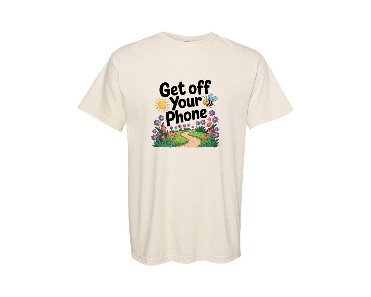brand:Comfort Colors|color:Ivory|Get Off Your Phone Cute Bee Path Graphic T-Shirt
