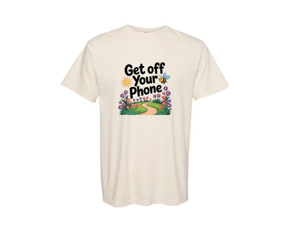 brand:Comfort Colors|color:Ivory|Get Off Your Phone Cute Bee Path Graphic T-Shirt
