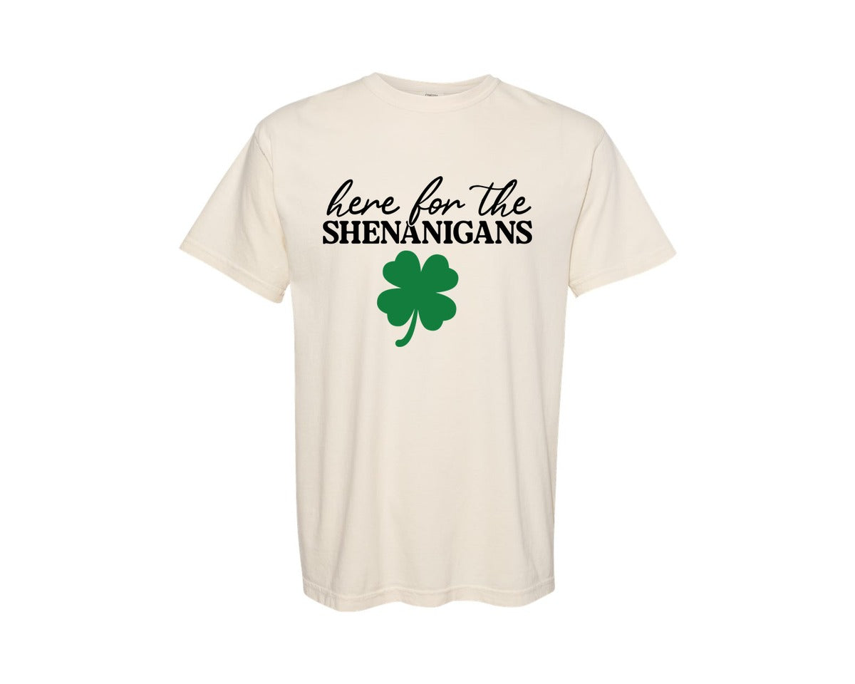 brand:Comfort Colors|color:Ivory|Here For Shenanigans Funny Irish Graphic T-Shirt