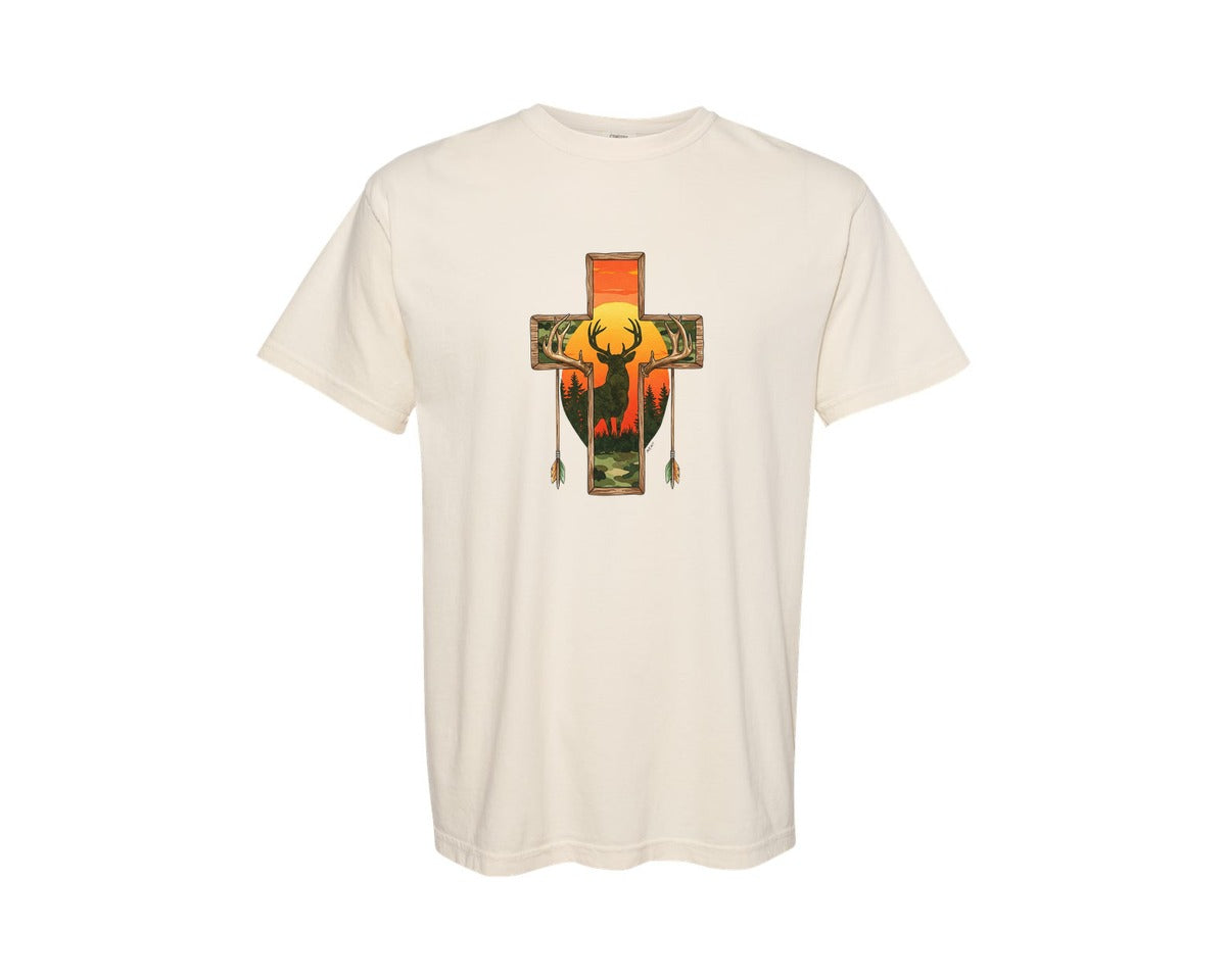 brand:Comfort Colors|color:Ivory|Deer Cross Rustic Hunting Cross Sub Graphic T-Shirt