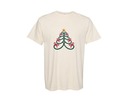 brand:Comfort Colors|color:Ivory|Faux Yarn Bow Holiday Xmas Tree Graphic T-Shirt