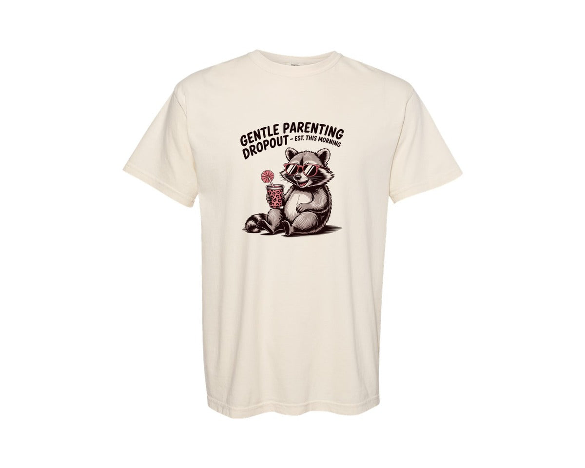 brand:Comfort Colors|color:Ivory|Cool Raccoon Drinking Coffee Graphic T-Shirt