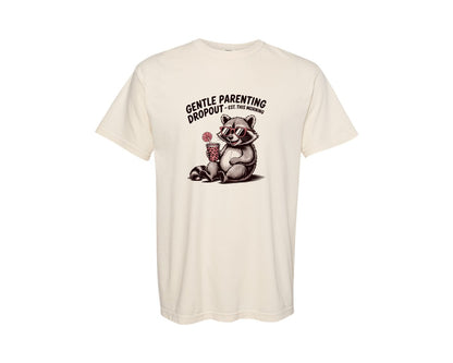 brand:Comfort Colors|color:Ivory|Cool Raccoon Drinking Coffee Graphic T-Shirt