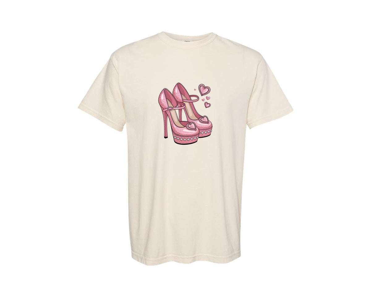 brand:Comfort Colors|color:Ivory|Pink High Heels Graphic T-Shirt