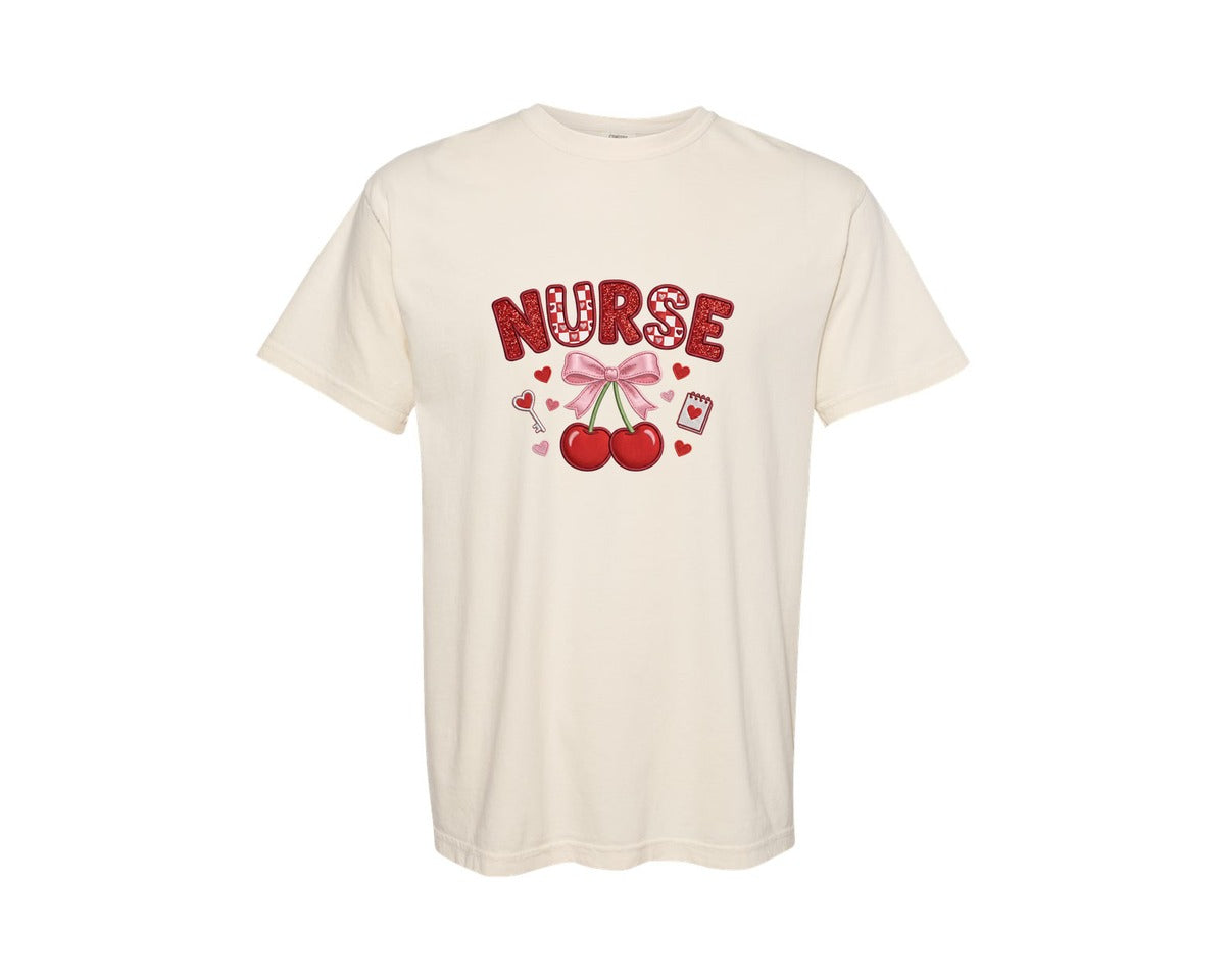 brand:Comfort Colors|color:Ivory|Cherry Red Valentine Theme Love Nurse Ts Graphic T-Shirt