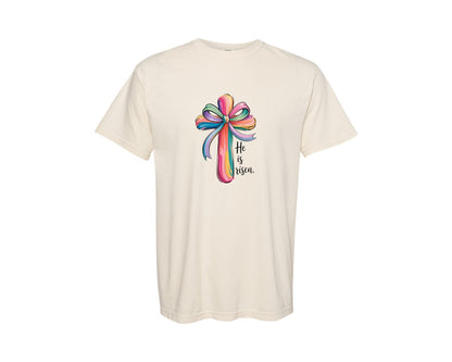 brand:Comfort Colors|color:Ivory|Cross Easter Pink He Is Risen Graphic T-Shirt