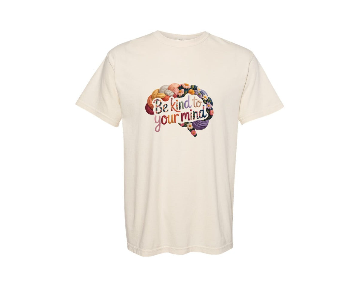brand:Comfort Colors|color:Ivory|Be Kind Faux Yarn Mental Health 2 Graphic T-Shirt