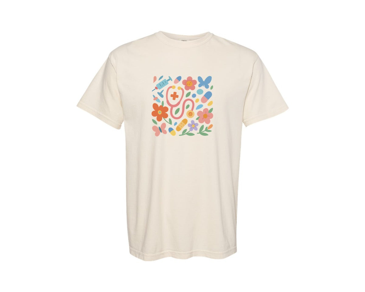 brand:Comfort Colors|color:Ivory|Aesthetic Boho Nurse Stethoscope Graphic T-Shirt