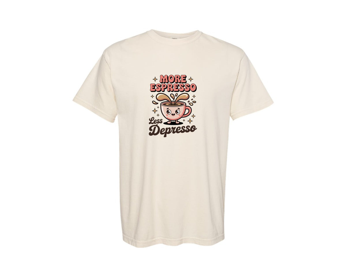 brand:Comfort Colors|color:Ivory|More Espresso Less Depresso Coffee Graphic T-Shirt