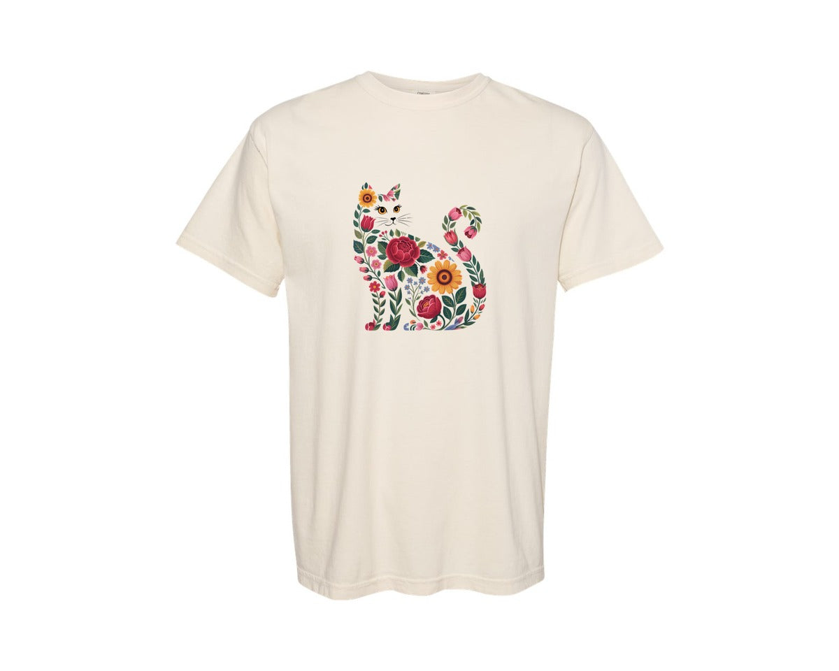 brand:Comfort Colors|color:Ivory|Folk Floral Cat Cute Art Graphic T-Shirt