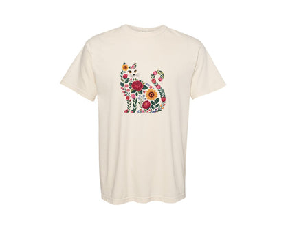 brand:Comfort Colors|color:Ivory|Folk Floral Cat Cute Art Graphic T-Shirt