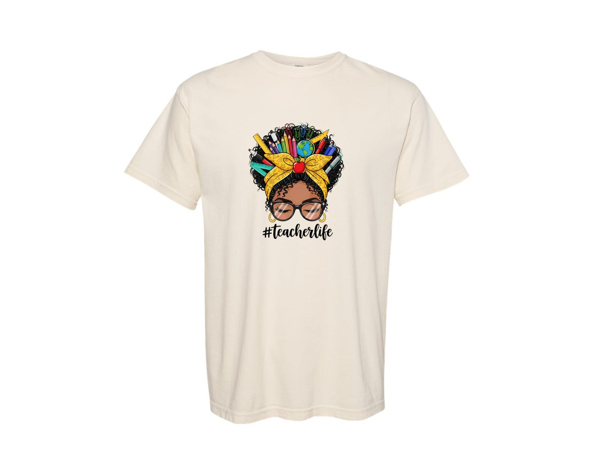brand:Comfort Colors|color:Ivory|Teacher Life Black Girl Messy Bun Graphic T-Shirt