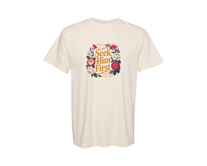 brand:Comfort Colors|color:Ivory|Seek Him First Floral Christian Graphic T-Shirt