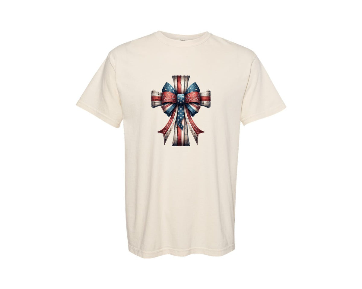 brand:Comfort Colors|color:Ivory|Wooden Cross Coquette Bow Christian Graphic T-Shirt