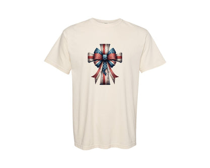 brand:Comfort Colors|color:Ivory|Wooden Cross Coquette Bow Christian Graphic T-Shirt