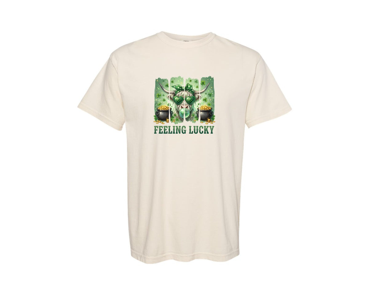 brand:Comfort Colors|color:Ivory|St Patricks Highland Cow Brush Graphic T-Shirt