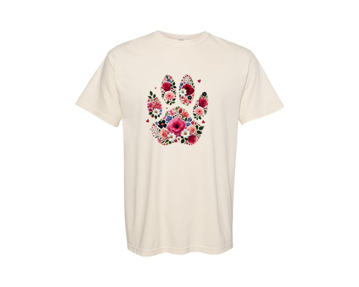 brand:Comfort Colors|color:Ivory|Floral Paw Print Watercolor Flower Graphic T-Shirt