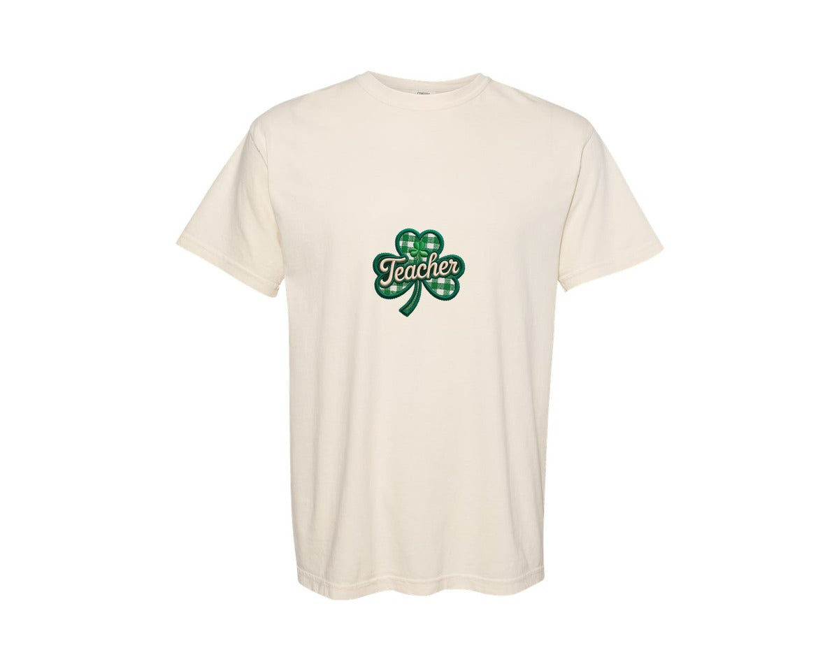 brand:Comfort Colors|color:Ivory|St Patricks Day Teacher Faux Yarn Graphic T-Shirt