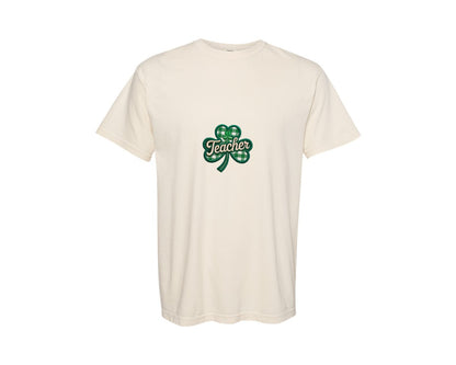 brand:Comfort Colors|color:Ivory|St Patricks Day Teacher Faux Yarn Graphic T-Shirt