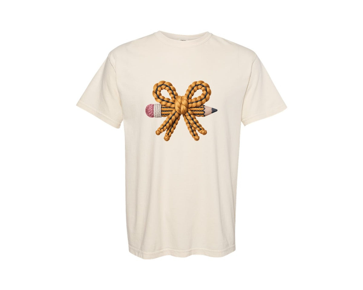 brand:Comfort Colors|color:Ivory|Coquette Knitted Pencil Bow Teacher Graphic T-Shirt