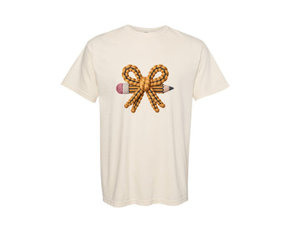 brand:Comfort Colors|color:Ivory|Coquette Knitted Pencil Bow Teacher Graphic T-Shirt