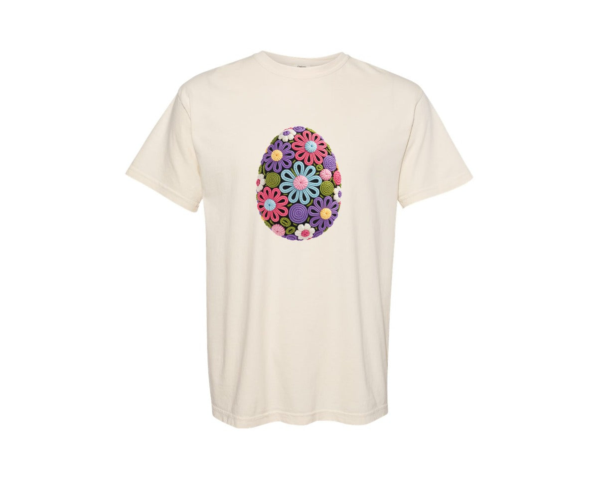 brand:Comfort Colors|color:Ivory|Easter Faux Yarn Chunky Crochet Egg Graphic T-Shirt