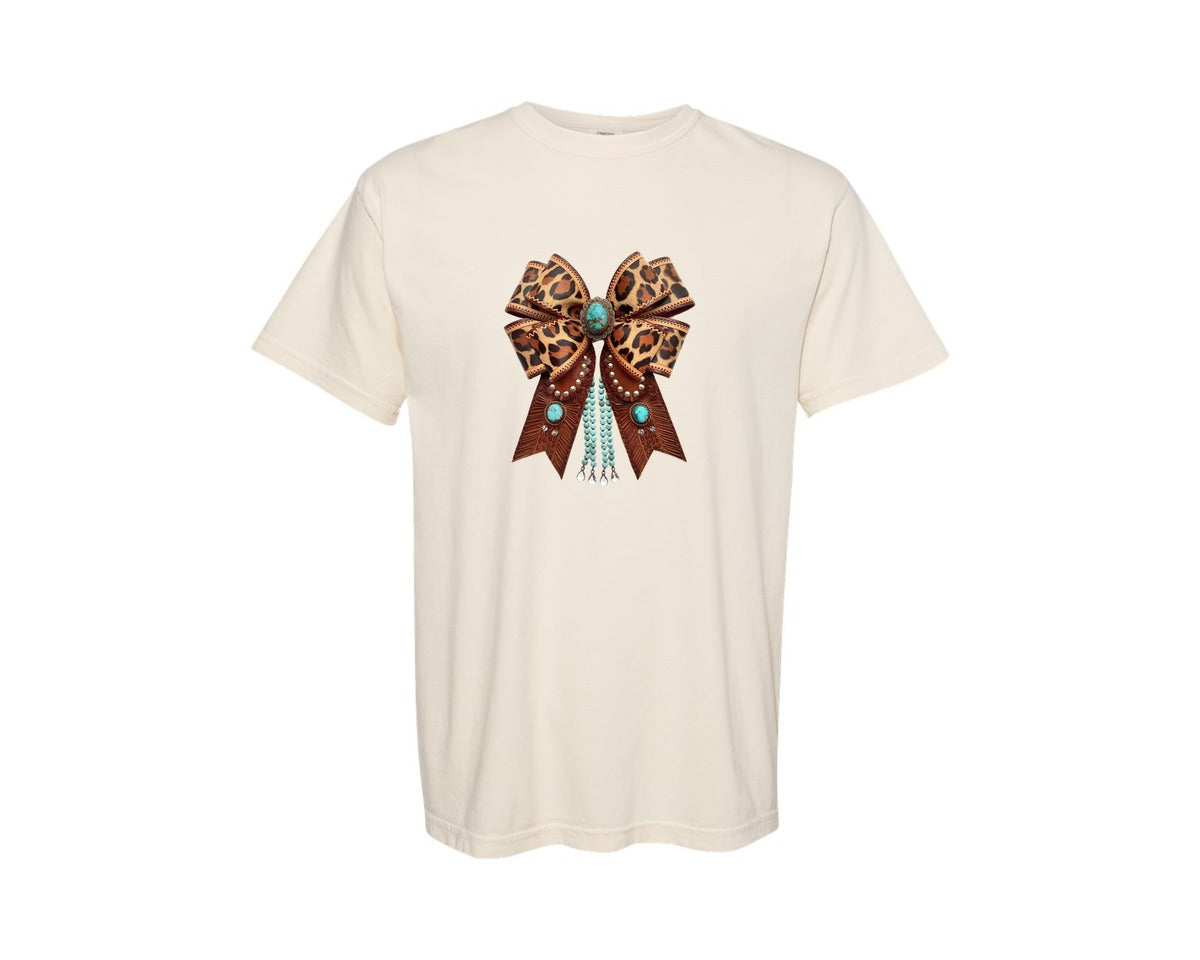 brand:Comfort Colors|color:Ivory|Western Leopard Bow Bohemian Coquette Graphic T-Shirt