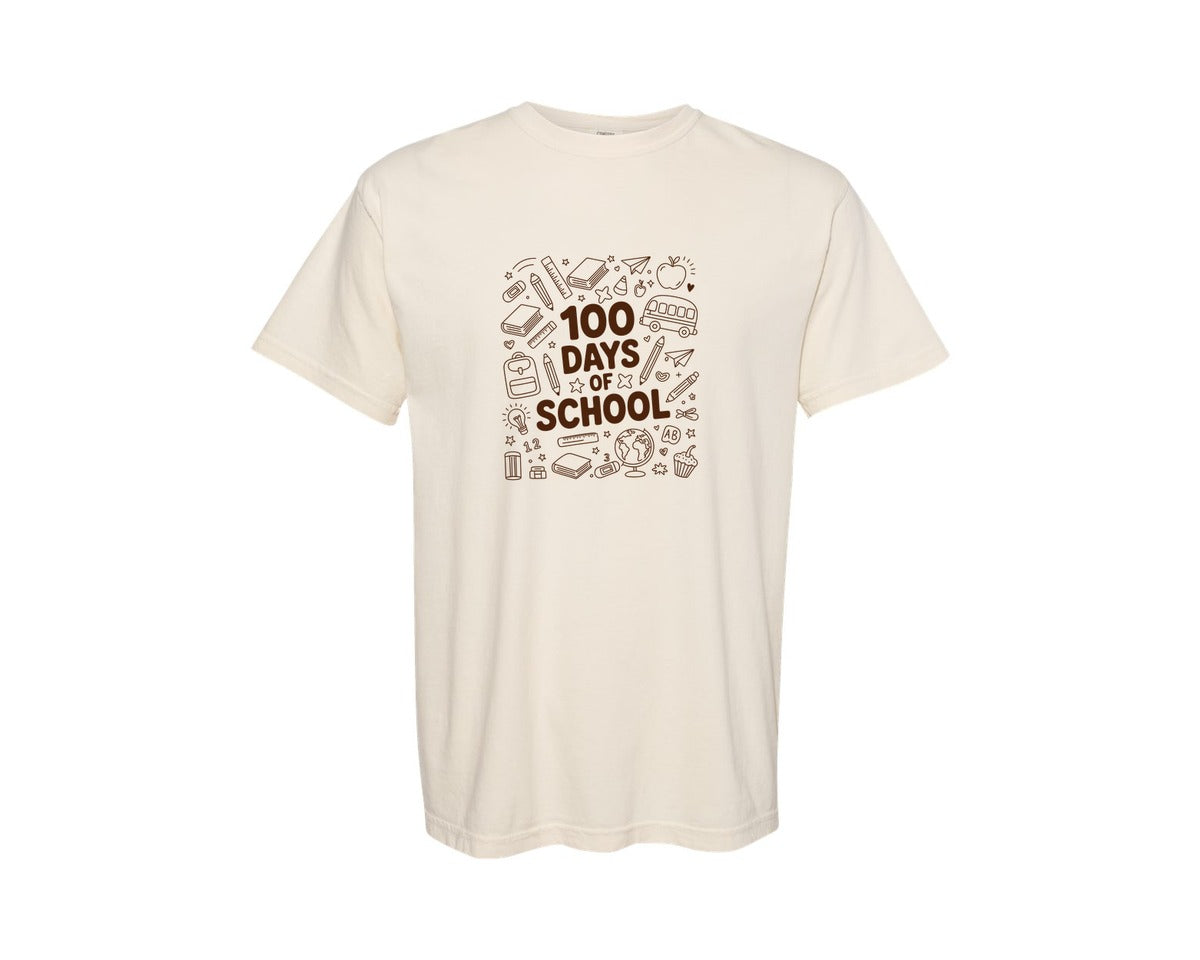 brand:Comfort Colors|color:Ivory|100 Days School Doodle Preppy Shirt Graphic T-Shirt