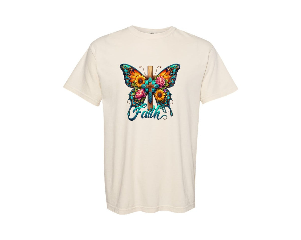 brand:Comfort Colors|color:Ivory|Faith Butterfly Cross Colorful Graphic T-Shirt