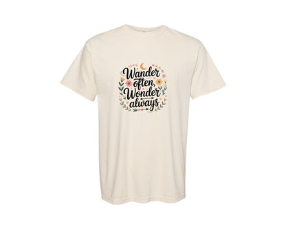 brand:Comfort Colors|color:Ivory|Wander Often Wonder Always Boho Floral Graphic T-Shirt