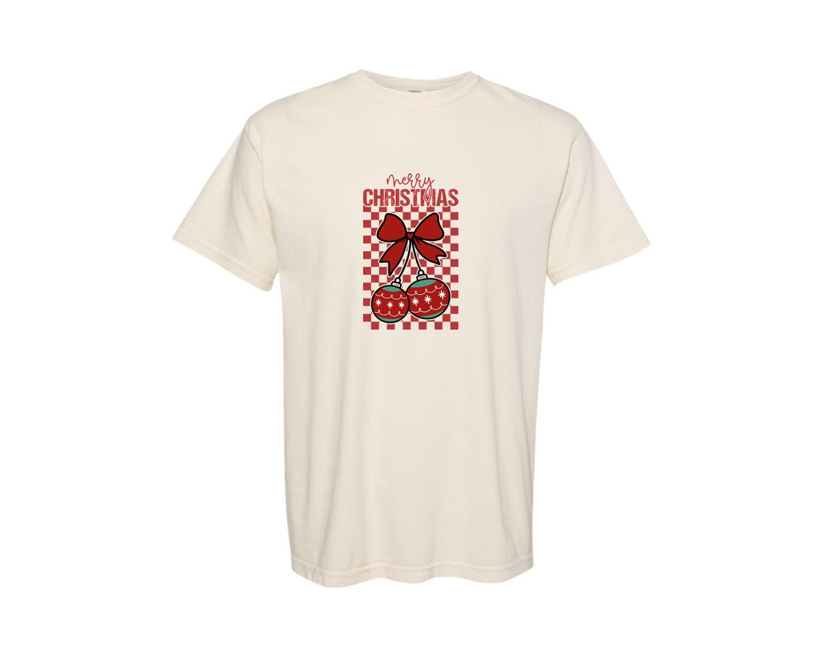 brand:Comfort Colors|color:Ivory|Checkered Christmas Cherries Graphic T-Shirt