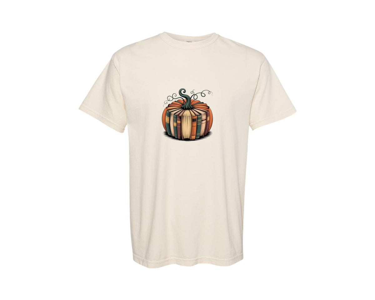 brand:Comfort Colors|color:Ivory|Fall Book Pumpkin Halloween Teacher 6 Graphic T-Shirt