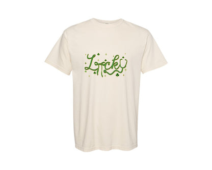 brand:Comfort Colors|color:Ivory|Lucky Script Bow Graphic T-Shirt
