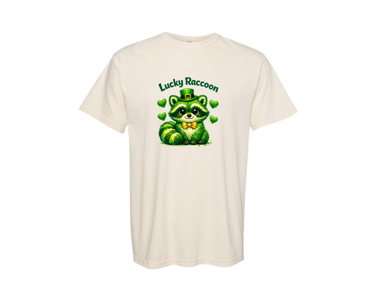 brand:Comfort Colors|color:Ivory|Lucky Raccoon Cute St Patricks Day Graphic T-Shirt