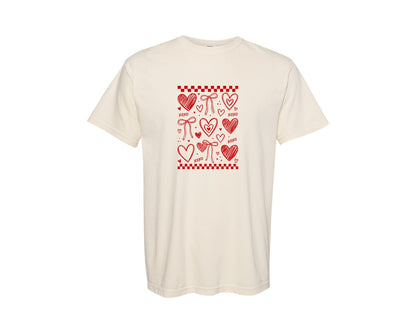 brand:Comfort Colors|color:Ivory|Hand Drawn Valentine Hearts Coquette Graphic T-Shirt