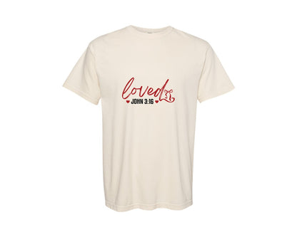 brand:Comfort Colors|color:Ivory|Loved John 316 Christian Valentine 8 Graphic T-Shirt