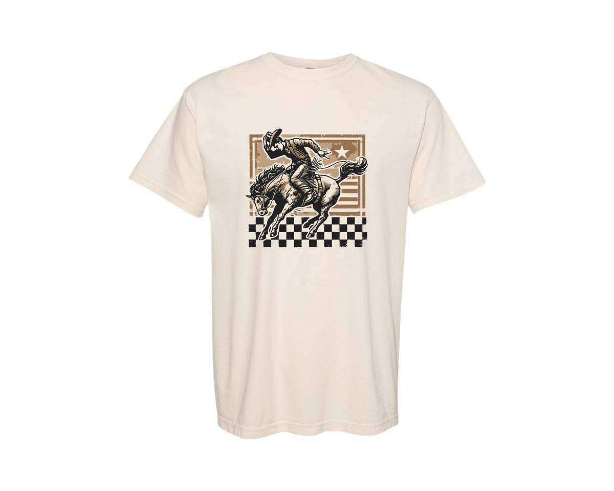 brand:Comfort Colors|color:Ivory|Rodeo Cowboy Checkered Western Graphic T-Shirt