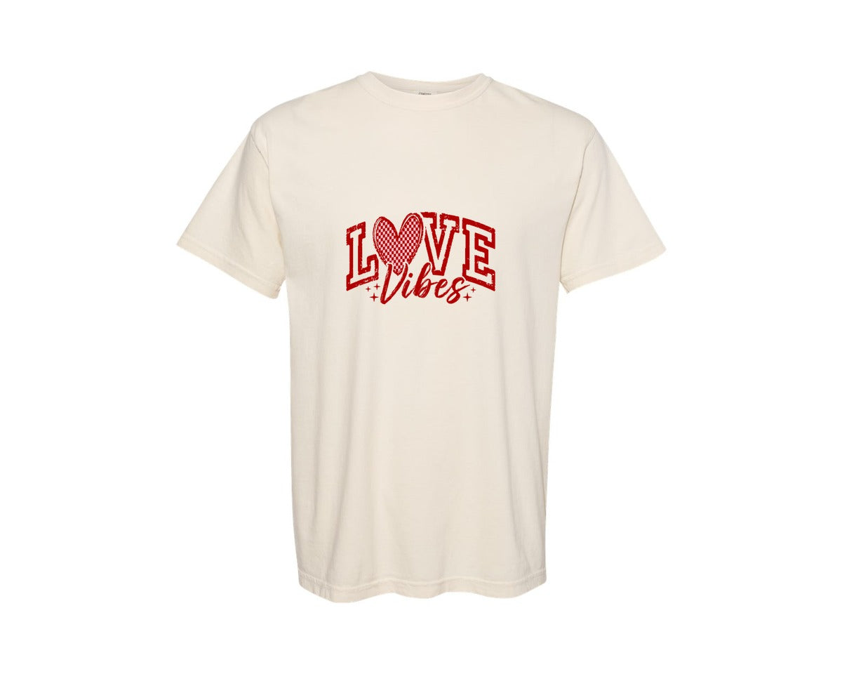 brand:Comfort Colors|color:Ivory|Love Vibes Checkered Valentines Graphic T-Shirt
