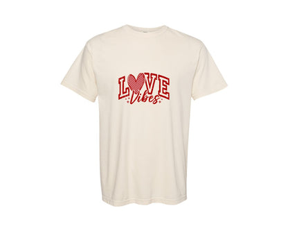 brand:Comfort Colors|color:Ivory|Love Vibes Checkered Valentines Graphic T-Shirt